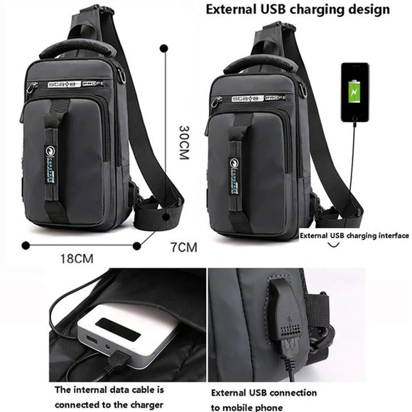 Anti-Theft Men's Sling Crossbody Bag Chest Shoulder Backpack USB Charging Port - Picture 5 of 13